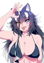 Rule 34 | 1girl, animal ear fluff, animal ears, arm up, armpit crease, armpits, black hair, black one-piece swimsuit, blue eyes, blush, bottomless, breasts, broad shoulders, cleavage, collarbone, eyelashes, fangs, grey wolf (kemono friends), heterochromia, highres, holding, holding clothes, holding swimsuit, kemono friends, large breasts, long hair, mamiyama, naughty face, no bikini, ok sign, one-piece swimsuit, simple background, smile, solo, swimsuit, tongue, tongue out, upper body, white background, white hair, wolf ears, wolf girl, yellow eyes