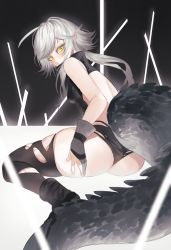 Rule 34 | 1girl, absurdres, arknights, ass, black background, black footwear, black panties, black shirt, black thighhighs, blu (1712), boots, breasts, crocodilian tail, from behind, gloves, grey gloves, grey hair, highres, long hair, looking at viewer, looking back, panties, partially fingerless gloves, pointy ears, shirt, simple background, sitting, small breasts, solo, tail, thighhighs, thighs, tomimi (arknights), torn clothes, torn thighhighs, two-tone background, underwear, white background, yellow eyes
