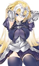 Rule 34 | 1girl, absurdres, armor, armored dress, armpits, arms behind head, blonde hair, blue eyes, breasts, capelet, chain, commentary request, dress, fate/apocrypha, fate/grand order, fate (series), faulds, fur trim, gauntlets, hair between eyes, hair down, hair lift, has bad revision, has downscaled revision, headpiece, highres, impossible clothes, jeanne d&#039;arc (fate), jeanne d&#039;arc (ruler) (fate), kou mashiro, large breasts, long hair, looking at viewer, md5 mismatch, plackart, purple dress, purple thighhighs, resolution mismatch, short sleeves, sitting, smile, solo, source smaller, thighhighs, thighs, very long hair, white background