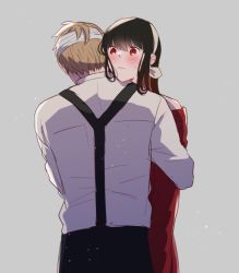Rule 34 | 1boy, 1girl, bandaged head, bandages, black hair, blonde hair, blush, embarrassed, hug, husband and wife, long hair, long sleeves, nako (5a64 sf), red eyes, short hair, simple background, spy x family, suspenders, sweatdrop, sweater, twilight (spy x family), wavy mouth, yor briar