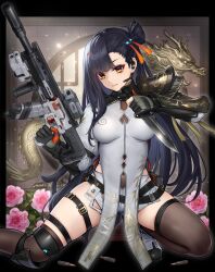 1girl armor assault_rifle asymmetrical_legwear belt black_hair black_thighhighs breasts chinese_clothes commentary_request earpiece girls&#039;_frontline girls&#039;_frontline_2:_exilium gloves gun hair_bun highres hiyashiru holding holding_gun holding_knife holding_weapon knee_pads knife long_hair looking_at_viewer medium_breasts partially_fingerless_gloves pauldrons qbz-191 qbz-191_(girls&#039;_frontline) qiongjiu_(girls&#039;_frontline_2) rifle shoulder_armor single_hair_bun single_pauldron skindentation solo thick_thighs thigh_belt thigh_strap thighhighs thighs trigger_discipline uneven_legwear vambraces weapon white_footwear