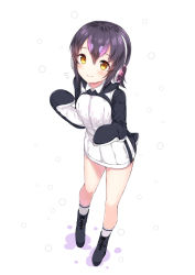 10s 1girl black_hair blush chitetan female_focus full_body headphones humboldt_penguin_(kemono_friends) jacket kemono_friends looking_at_viewer multicolored_hair open_mouth purple_hair short_hair smile solo two-tone_hair yellow_eyes