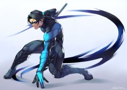 Rule 34 | 1boy, arm blade, batman (series), black hair, blue bodysuit, bodysuit, boots, closed mouth, dc comics, dick grayson, domino mask, escrima stick, full body, gradient background, highres, holding, holding weapon, kotatsu (g-rough), legs apart, male focus, mask, muscular, nightwing, serious, solo, squatting, weapon