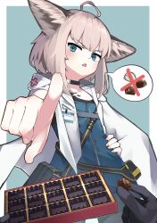 Rule 34 | 1girl, 1other, absurdres, ahoge, animal ears, arknights, black choker, blue eyes, blue vest, blush, box, box of chocolates, choker, coat, commentary request, doctor (arknights), fingernails, flat chest, food, fox ears, fox girl, hand on own hip, highres, holding, holding food, hood, hood down, looking at viewer, material growth, medium hair, open mouth, oripathy lesion (arknights), pink hair, pointing, pointing at viewer, sky kirsche, speech bubble, spoken object, sussurro (arknights), valentine, vest, white coat