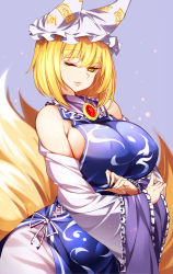 Rule 34 | 1girl, absurdres, animal ears, animal hat, blonde hair, breasts, dress, fox ears, fox tail, frills, hat, highres, large breasts, mob cap, multiple tails, mob cap, raptor7, solo, tabard, tail, touhou, white dress, yakumo ran, yellow eyes
