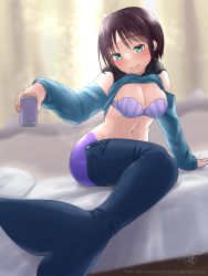 Rule 34 | 1girl, artist name, awono nanaumi, blue pants, blush, borrowed character, breasts, brown hair, cleavage, clothes on tail, commentary request, dated, drink, green eyes, highres, holding, holding drink, large breasts, long sleeves, looking at viewer, mermaid, monster girl, navel, original, pants, purple tail, shell, shell bikini, short hair, signature, sitting, solo, watermark