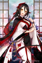 Rule 34 | 1girl, absurdres, age of ishtaria, apt, black hair, breasts, cleavage, flower, hair flower, hair ornament, highres, japanese clothes, kimono, long hair, open clothes, open shirt, pointy ears, ribbon, yellow eyes