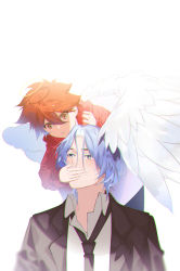 Rule 34 | 2boys, aged down, angel wings, black necktie, blue eyes, blue hair, blush, dhfz181, feathered wings, halo, hand on another&#039;s mouth, hasegawa langa, highres, hood, hoodie, kyan reki, long sleeves, looking at another, male focus, medium hair, multiple boys, necktie, red hair, red hoodie, short hair, simple background, sk8 the infinity, white background, wings, yellow eyes