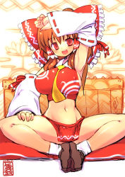 Rule 34 | 1girl, aged up, alternate costume, armpits, bad id, bad pixiv id, breasts, brown hair, butterfly sitting, crop top, detached sleeves, female focus, hakurei reimu, hand on thigh, highres, huge breasts, legs, looking at viewer, midriff, navel, red eyes, rondo bell, shiny skin, sideboob, sitting, solo, spread legs, touhou