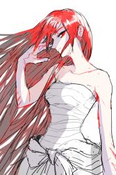 Rule 34 | 1girl, bandages, breasts, chikuwa oishii, hand in own hair, highres, long hair, looking at viewer, medium breasts, red eyes, red hair, sarashi, shut hell, shut hell (character), simple background, sketch, solo, upper body, white background