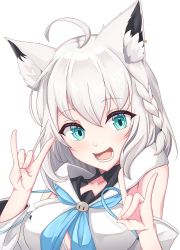 Rule 34 | 1girl, absurdres, ahoge, animal ear fluff, animal ears, blue neckerchief, braid, breasts, commentary, double fox shadow puppet, earrings, fox ears, fox girl, fox shadow puppet, green eyes, hair between eyes, hashira 14, highres, hololive, hood, hoodie, jewelry, long hair, looking at viewer, medium breasts, neckerchief, open mouth, shirakami fubuki, shirakami fubuki (1st costume), sidelocks, simple background, single braid, smile, solo, virtual youtuber, white background, white hair, white hoodie