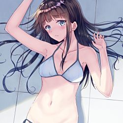Rule 34 | 1girl, arm up, armpits, bare arms, bare shoulders, bikini, blue eyes, blunt bangs, breasts, brown hair, closed mouth, collarbone, day, from above, frown, halterneck, hand up, head tilt, long hair, looking at viewer, looking away, lying, navel, on back, on floor, original, seki (l0410706268), small breasts, solo, sunlight, swimsuit, tareme, thighhighs, upper body, white bikini