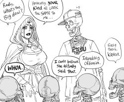 Rule 34 | 1girl, 5others, ^^^, baseball cap, bb (baalbuddy), breasts, cleavage, commentary, english commentary, english text, facial mark, forehead mark, greyscale, hat, highres, hip hop, hood, hood up, jewelry, jitome, large breasts, lipstick, makeup, monochrome, multiple others, necklace, necromancer, necromancer (bb (baalbuddy)), open mouth, original, parted lips, racism, raised eyebrow, shirt, short sleeves, sideways hat, simple background, skeleton, sweatdrop, undead, white background