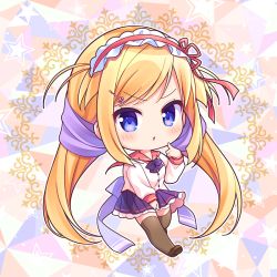 Rule 34 | 1girl, :o, blonde hair, blue eyes, blush, bow, brown footwear, brown thighhighs, chibi, commentary request, frilled hairband, frilled skirt, frills, full body, hairband, loafers, long hair, long sleeves, looking at viewer, low twintails, nursery rhyme, parted lips, pleated skirt, purple bow, purple skirt, red hairband, red sailor collar, ryuuka sane, sailor collar, shirt, shoes, skirt, solo, thighhighs, tita flawless brandt, twintails, very long hair, white shirt