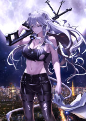 Rule 34 | 1girl, absurdres, animal ears, anti-materiel rifle, assault rifle, bare arms, bare shoulders, barrett m82, black pantyhose, black skirt, breasts, cigarette, city, cleavage, collarbone, dog tags, ear piercing, feet out of frame, full moon, grey eyes, gun, highres, holding, holding clothes, holding gun, holding shirt, holding weapon, hololive, huge filesize, large breasts, lion ears, lion girl, lion tail, long hair, miniskirt, moon, mouth hold, navel, night, outdoors, pantyhose, parted lips, pencil skirt, piercing, rifle, shirt, unworn shirt, shishiro botan, shishiro botan (button-down), silver hair, skirt, smile, smoke, smoking, sniper rifle, solo, standing, stomach, tail, toi1et paper, toned, torn clothes, torn pantyhose, underboob, very long hair, virtual youtuber, weapon