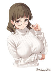 Rule 34 | 1girl, alternate costume, arm support, blush, breast hold, breasts, brown eyes, brown hair, closed mouth, cropped torso, ebifurya, glasses, hair between eyes, highres, kantai collection, large breasts, lips, long sleeves, looking at viewer, one-hour drawing challenge, pince-nez, ribbed sweater, roma (kancolle), simple background, solo, sweater, turtleneck, turtleneck sweater, twitter username, upper body, wavy hair, white background, white sweater