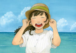 Rule 34 | 1girl, ^ ^, adjusting clothes, adjusting headwear, brown hair, closed eyes, cloud, cloudy sky, commentary, day, facing viewer, green ribbon, hat, hat ribbon, long hair, ocean, open mouth, original, outdoors, ribbon, shirt, sky, solo, straw hat, striped clothes, striped shirt, teeth, upper body, water, white shirt, wtnbmotimoti