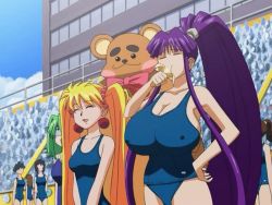 Rule 34 | 00s, 6+girls, animated, animated gif, banana, big hair, breasts, covered erect nipples, eiken, food, fruit, grace lin, huge breasts, impossible clothes, impossible shirt, jiggle, misono kirika, multiple girls, one-piece swimsuit, ponytail, purple hair, school swimsuit, sexually suggestive, shirt, standing, swimsuit, unaligned breasts