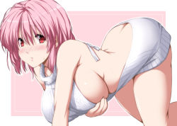 Rule 34 | 1girl, all fours, alternate costume, arched back, arm support, ass, backless outfit, bare arms, bare back, bare legs, bare shoulders, blush, breast hold, breasts, butt crack, highres, large breasts, looking at viewer, meme attire, naked sweater, nori tamago, nose blush, outline, parted lips, pink background, pink hair, red eyes, ribbed sweater, saigyouji yuyuko, short hair, sideboob, simple background, solo, sweat, sweater, touhou, virgin killer sweater, white sweater