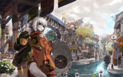 Rule 34 | 2girls, animal ears, boat, bridge, furry, furry female, highres, japanese clothes, multiple girls, oil-paper umbrella, original, rabbit, river, road sign, scenery, sign, tail, town, tyson tan, umbrella, village, water, watercraft, wolf