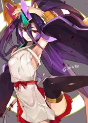 Rule 34 | 1girl, armpits, blazblue, blazblue: central fiction, breasts, detached sleeves, female focus, hades izanami, hyakuhachi (over3), long hair, mikado (blazblue), purple hair, red eyes, smile, solo, thighhighs