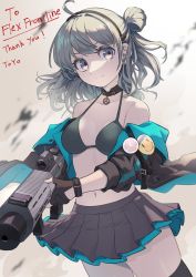 Rule 34 | 1girl, aac honey badger, advanced armament corporation, ahoge, assault rifle, badge, bare shoulders, bikini, bikini top only, black gloves, black thighhighs, breasts, button badge, carbine, choker, commentary request, commission, cowboy shot, fingerless gloves, girls&#039; frontline, gloves, grey hair, gun, hairband, halterneck, holding, holding gun, holding weapon, honey badger (girls&#039; frontline), integral suppressor, integrally-suppressed firearm, jacket, medium breasts, medium hair, multicolored eyes, navel, off shoulder, open clothes, open jacket, osasimiyabai, personal defense weapon, pleated skirt, purple eyes, q (firearms company), rifle, skeb commission, skindentation, skirt, smile, solo, submachine gun, suppressor, swimsuit, thank you, thighhighs, weapon