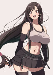 Rule 34 | 1girl, arm guards, arms behind back, asymmetrical bangs, bare shoulders, black gloves, black skirt, black sports bra, black thighhighs, blush, breasts, brown eyes, brown hair, buckle, cleavage, cowboy shot, crop top, cropped legs, cropped shirt, earrings, elbow gloves, final fantasy, final fantasy vii, final fantasy vii remake, fingerless gloves, gloves, happy, highres, jewelry, kojirou!, large breasts, long hair, looking at viewer, low-tied long hair, midriff, miniskirt, navel, pleated skirt, pouch, simple background, single arm guard, single earring, skindentation, skirt, solo, sports bra, suspender skirt, suspenders, suspenders gap, swept bangs, tank top, teardrop earring, teeth, thighhighs, tifa lockhart, toned, upper teeth only, very long hair, white tank top, zettai ryouiki