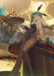 Rule 34 | 1girl, animal ears, aqua eyes, aqua hair, arm support, black leotard, blunt bangs, breasts, brown pantyhose, bulma, casino, cup, dragon ball, dragonball z, drinking glass, fajyobore, fake animal ears, fountain, grin, high heels, highres, holding, holding tray, large breasts, leaning back, leaning on table, leotard, long hair, looking away, looking back, official alternate costume, pantyhose, playboy bunny, poker chip, poker table, rabbit ears, red footwear, smile, solo, strapless, strapless leotard, table, thighband pantyhose, tray, wrist cuffs