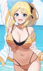 Rule 34 | 1girl, absurdres, arm up, beach, bikini, blonde hair, blue eyes, blush, breasts, cleavage, commentary request, hachimiya meguru, highleg, highleg bikini, highres, idolmaster, idolmaster shiny colors, jacket, large breasts, looking at viewer, navel, open mouth, outdoors, ponytail, see-through, see-through jacket, smile, solo, stomach, striped bikini, striped clothes, swimsuit, wanimaru, yellow bikini