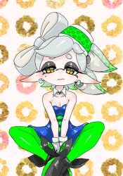 Rule 34 | 1girl, bare shoulders, black eyeshadow, black footwear, blue dress, bow-shaped hair, breasts, butterfly sitting, cleavage, closed mouth, collar, collarbone, commentary request, detached collar, dress, eyelashes, eyeshadow, food, food on head, frown, gradient hair, green hair, green pantyhose, highres, inkling, koharu2.5, makeup, marie (splatoon), medium hair, mole, mole under eye, multicolored hair, nintendo, object on head, pantyhose, patterned background, pointy ears, sad, sitting, small breasts, solo, splatoon (series), star-shaped pupils, star (symbol), strapless, strapless dress, sushi, symbol-shaped pupils, tentacle hair, thick eyebrows, two-tone hair, white collar, white hair, yellow eyes