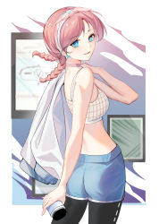 Rule 34 | 1girl, absurdres, arknights, bare shoulders, black pants, blue eyes, blue poison (arknights), blue poison (shoal beat) (arknights), bottle, braid, choker, commentary, cowboy shot, duohelengshuiba, earrings, from behind, highres, holding, holding bottle, jacket, jacket over shoulder, unworn jacket, jewelry, leggings, long sleeves, looking at viewer, looking back, off shoulder, official alternate costume, open clothes, open jacket, pants, pink choker, pink hair, pink sports bra, short hair, smile, solo, spaghetti strap, sports bra, swept bangs, twin braids, water bottle, white jacket