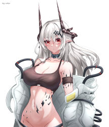 Rule 34 | 1girl, absurdres, arknights, armband, artist name, bare shoulders, black choker, bottomless, breasts, choker, cleavage, collarbone, commentary, crop top, groin, hair between eyes, highres, horns, infection monitor (arknights), large breasts, long hair, looking at viewer, material growth, mudrock (arknights), mudrock (elite ii) (arknights), navel, nithros, off shoulder, open clothes, oripathy lesion (arknights), out-of-frame censoring, pointy ears, red eyes, signature, silver hair, simple background, solo, sports bra, stomach, upper body, white background