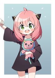 Rule 34 | 1girl, absurdres, anya (spy x family), artist request, black dress, blush, child, director chimera (spy x family), dress, green eyes, highres, looking at viewer, medium hair, open mouth, pink hair, smile, solo, spy x family, stuffed animal, stuffed toy