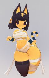 Rule 34 | 1girl, absurdres, animal crossing, animal ears, animal hands, ankha (animal crossing), bandages, black hair, black thighhighs, blunt ends, body fur, breasts, cat ears, cat girl, cat tail, contrapposto, cropped legs, egyptian, female focus, furry, furry female, highres, medium breasts, narrow waist, navel, nintendo, purple eyes, single thighhigh, skindentation, smile, solo, tail, thick thighs, thighhighs, thighs, uyu (soda uyu), wide hips, yellow fur