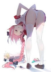 Rule 34 | 1boy, ass, astolfo (fate), astolfo (sailor paladin) (fate), bad id, bad pixiv id, bag, bent over, black bow, black ribbon, blonde hair, bow, braid, cellphone, commentary request, damda, fate/grand order, fate (series), hair bow, ice, ice cream cone, long braid, long hair, looking at viewer, male focus, multicolored hair, official alternate costume, panties, phone, pink hair, pink skirt, purple eyes, ribbon, shirt, short sleeves, sieg (fate), simple background, single braid, skirt, smile, streaked hair, thighhighs, trap, underwear, white background, white hair, white legwear, white panties, white shirt