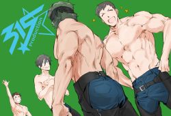 Rule 34 | 10s, 4boys, :d, akuno hideo, aniki (chaji1129), arm up, ass, biceps, brown hair, chaps, clenched hands, covering privates, covering chest, crotchless, crotchless pants, denim, dutch angle, enjoji michiru, closed eyes, frame (idolmaster), green hair, hands on own hips, highres, idolmaster, idolmaster side-m, jeans, kimura ryu, male focus, multiple boys, navel, open mouth, pants, pectorals, sharp teeth, shingen seiji, smile, teeth, topless male, zipper