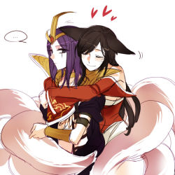 Rule 34 | ..., 2girls, ahri (league of legends), animal ears, blush, closed eyes, fox ears, fox tail, heart, hooreng, hug, hug from behind, korean clothes, league of legends, leblanc (league of legends), multiple girls, multiple tails, purple hair, simple background, smile, tail, white background, yuri
