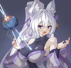 1girl :d animal_ear_fluff animal_ears bare_shoulders bell breasts cleavage commentary_request covered_erect_nipples curled_fingers detached_sleeves dot_nose earth_(planet) explosion fang giant giantess hair_ribbon heart high_ponytail highres jingle_bell lactation lactation_through_clothes large_breasts laser long_hair open_mouth original planet purple_ribbon ribbon seo_tatsuya shadow single_hair_intake smile solo space sparkle speech_bubble upper_body white_hair wide_sleeves