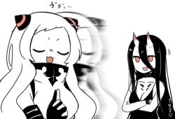 Rule 34 | 10s, 2girls, :3, abyssal ship, airfield princess, battleship princess, black dress, black hair, breasts, closed eyes, colored skin, commentary request, crossed arms, dress, horns, kantai collection, leotard, long hair, monochrome, multiple girls, open mouth, pale skin, red eyes, short dress, skin-covered horns, translation request, very long hair, white hair, white skin, yuzuki gao
