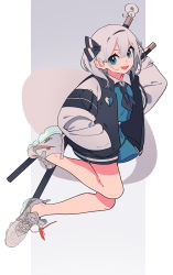 Rule 34 | 1girl, :d, absurdres, adapted costume, alternate costume, bad id, bad pixiv id, bare legs, black hairband, black jacket, black neckerchief, black ribbon, blue eyes, blue skirt, blue vest, bob cut, collared shirt, commentary request, full body, grey background, grey hair, hair ribbon, hairband, hand in pocket, hand up, heart, highres, hitodama, jacket, konpaku youmu, konpaku youmu (ghost), legs up, looking at viewer, miniskirt, neck ribbon, neckerchief, nike (company), open mouth, product placement, raglan sleeves, ribbon, scabbard, sheath, sheathed, shirt, shoes, short hair, skirt, skirt set, smile, sneakers, sword, sword behind back, tassel, touhou, tsumaseu, vest, weapon, white shirt, white sleeves, wing collar