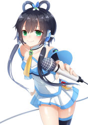 Rule 34 | absurdres, blue hair, blush, dress, green eyes, highres, long hair, luo tianyi, microphone, smile, twintails, vocaloid