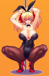 Rule 34 | 1girl, animal ears, armpits, arms up, blonde hair, blue eyes, bow, bowtie, breasts, cleavage, commentary request, detached collar, fake animal ears, full body, glasses, hair between eyes, high heels, highres, huge breasts, leotard, long hair, looking at viewer, open mouth, orange background, original, pantyhose, playboy bunny, pole, rabbit ears, rakko (r2), simple background, sleeveless, solo, spread legs, strapless, strapless leotard, stripper pole, tongue, twintails, wrist cuffs