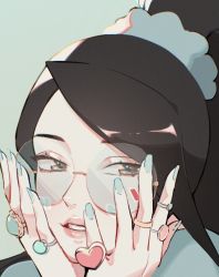 Rule 34 | 1girl, animification, black hair, blue background, brown eyes, commentary, english commentary, glasses, highres, hyoon (sockgyu), jewelry, looking at viewer, looking to the side, multiple rings, parted lips, ponytail, portrait, ring, round eyewear, sage (valorant), solo, swept bangs, valorant
