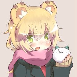 Rule 34 | :3, :d, animal ears, blonde hair, cat, eyebrows, fang, jacket, looking at viewer, necktie, open mouth, original, scarf, simple background, smile, snow rabbit, solo, suit jacket, thick eyebrows, tiger ears, tomcat (moconeko), toramimi-senpai, upper body, yellow eyes