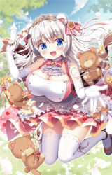 Rule 34 | 1girl, :d, animal ears, bare shoulders, bear ears, blue eyes, breasts, candy, commentary request, elbow gloves, food, frills, gloves, hair between eyes, highres, holding, holding spoon, large breasts, long hair, looking at viewer, open mouth, original, sasai saji, signature, smile, solo, sparkle, spoon, spork, stuffed animal, stuffed toy, teddy bear, thighhighs, tiara, white gloves, white hair, white thighhighs