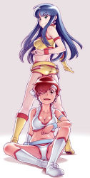 Rule 34 | 2girls, ass, belly, blue eyes, blue hair, boots, breasts, butt crack, cleavage, dirty pair, earrings, headband, highres, hijiri rei, jewelry, kei (dirty pair), long hair, looking back, matching outfits, multiple girls, one eye closed, open mouth, red eyes, red hair, retro artstyle, short hair, sidelocks, sitting, white headband, white legwear, yellow legwear, yuri (dirty pair)