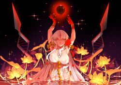 Rule 34 | 1girl, absurdres, armlet, armpits, arms up, bare shoulders, belly chain, blush, body markings, bracelet, breasts, cleavage, colored skin, durga (fate), earrings, facial mark, fate/grand order, fate (series), flower, forehead mark, gradient skin, grey hair, hair ribbon, highres, jewelry, large breasts, lily (flower), long hair, looking at viewer, nekokitsune4242, open mouth, pelvic curtain, red eyes, red skin, revealing clothes, ribbon, sash, snake, solo, thumb ring, very long hair, wading, water, weapon