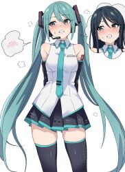Rule 34 | aqua eyes, aqua necktie, bare shoulders, blush, breasts, clenched teeth, collared shirt, cosplay, cowboy shot, detached sleeves, grey shirt, hair between eyes, hatsune miku, hatsune miku (cosplay), headphones, headset, highres, hoshino ichika (project sekai), long hair, looking to the side, microphone, miniskirt, momomatang, necktie, pleated skirt, project sekai, shirt, simple background, skirt, sleeveless, sleeveless shirt, small breasts, spoken blush, teeth, thighhighs, thought bubble, twintails, very long hair, vocaloid, white background, zettai ryouiki