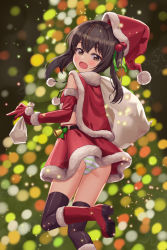 Rule 34 | absurdres, ass, belt, black hair, blush, brown eyes, cape, elbow gloves, from behind, fur trim, gloves, happycloud, hat, highres, long hair, looking back, midriff, open mouth, original, panties, red gloves, sack, santa costume, santa hat, solo, striped clothes, striped panties, thighhighs, twintails, underwear, upskirt