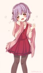 1girl blush brown_eyes commentary_request dress emu_(trigger) idolmaster idolmaster_cinderella_girls koshimizu_sachiko looking_at_viewer open_mouth pantyhose purple_hair red_dress scarf short_hair smile solo